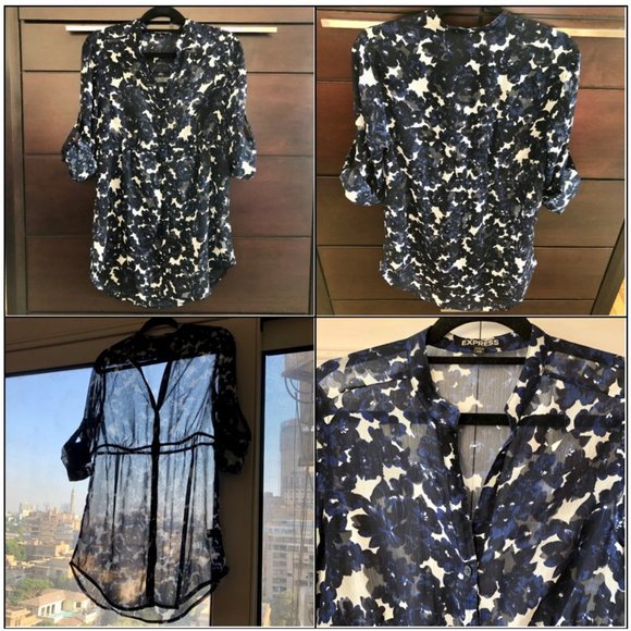 Express Floral-Print Sheer Convertible Sleeve Button-Front Tunic Shirt - XS - Picture 4 of 16